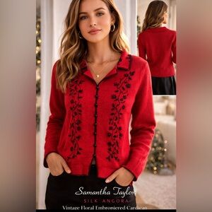 Samantha Taylor Silk and Angora Red Embroidered Cardigan Medium/ Floral Beaded